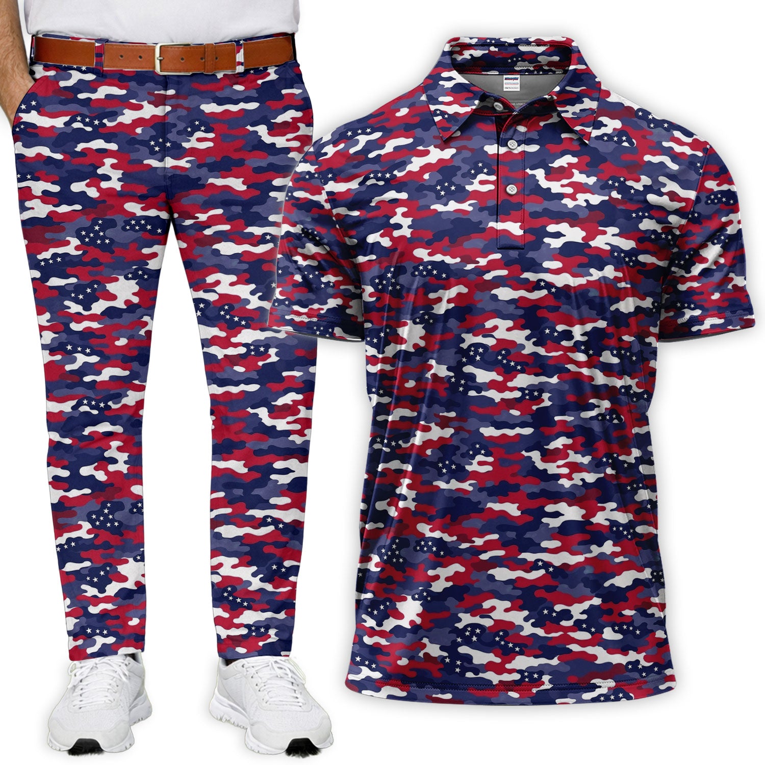 Red White Blue Camo Patriotic Seamless Patterns Golf Set, Mens Golf Pants, Golf Set For Men