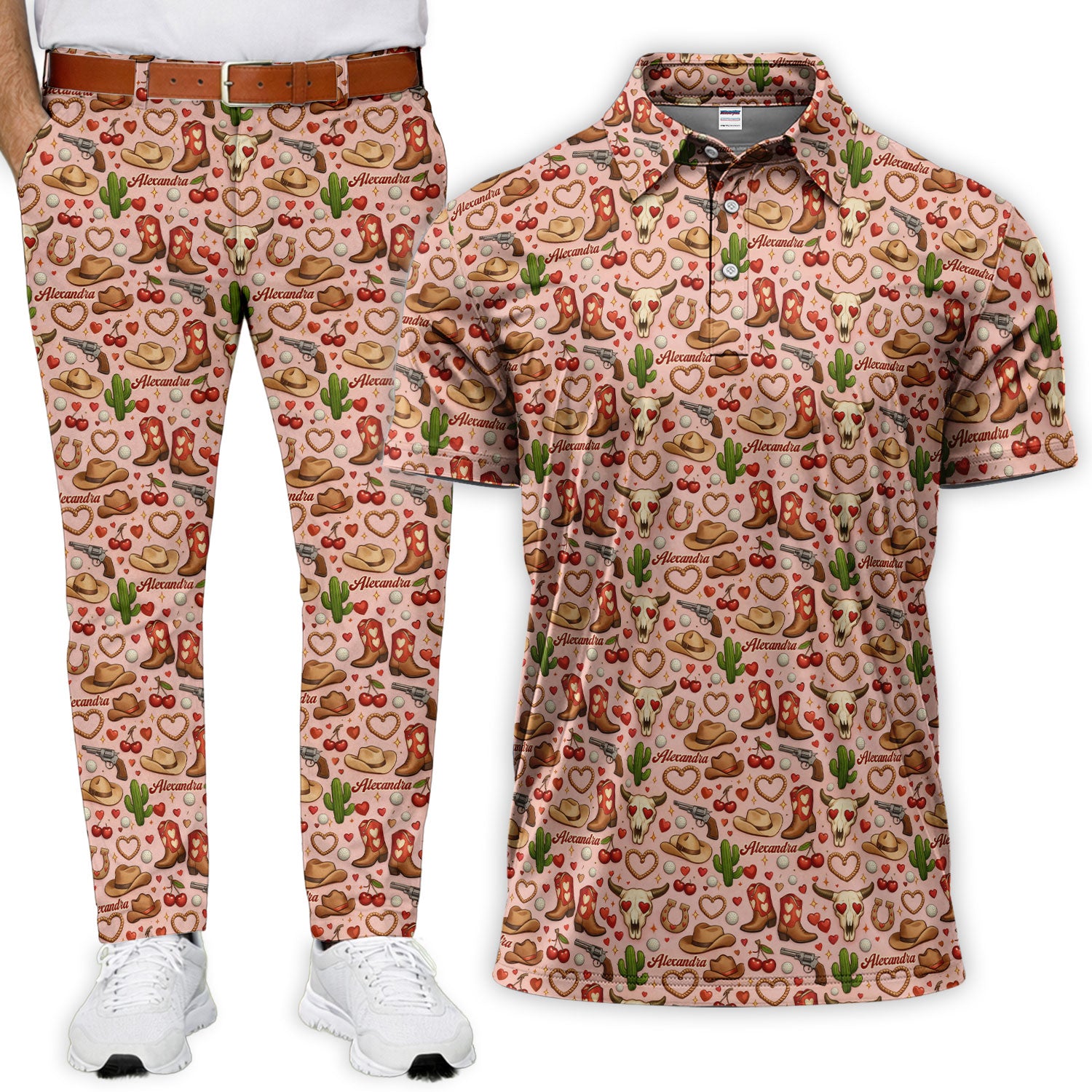 Boho Western Cowgirl Boots Cute Cactus Seamless Golf Set, Custom Mens Golf Pants, Golf Set For Men