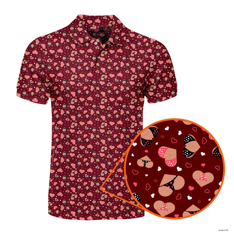 Sexy Bikini Heart Pattern Polo Shirt, Funny Print Golf Shirt For Men, Golf Gift For Golfer
