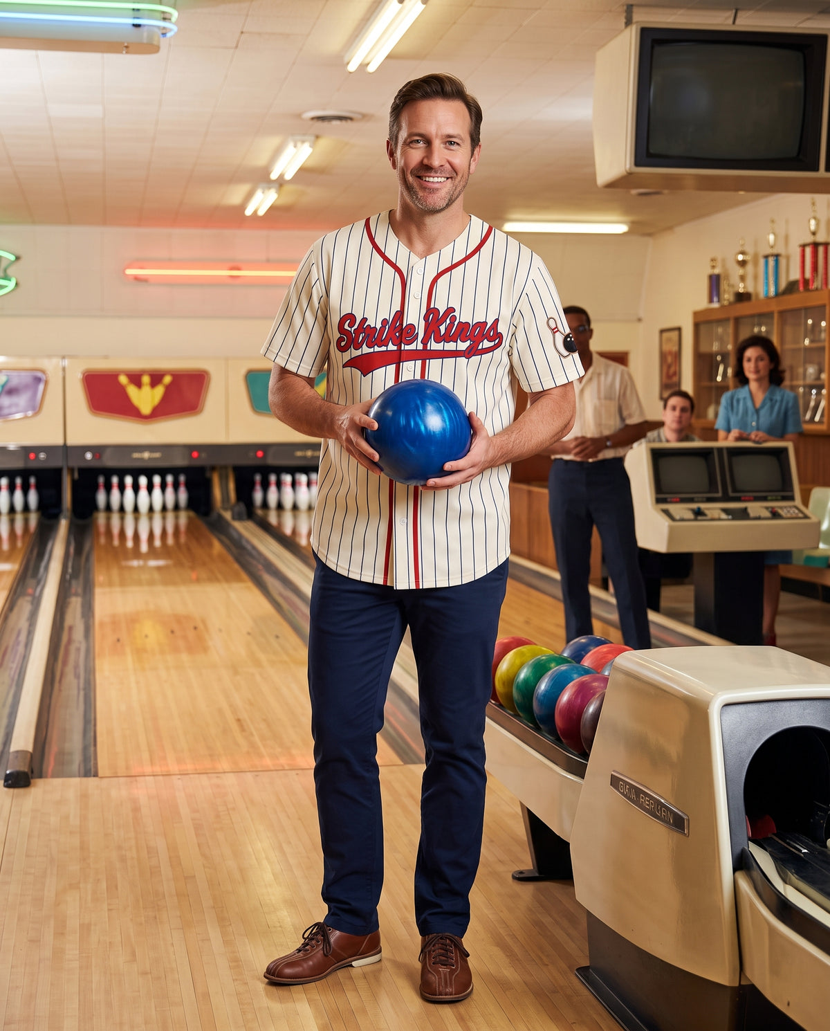 Man wearing the Strike Kings bowling baseball jersey at a retro bowling alley