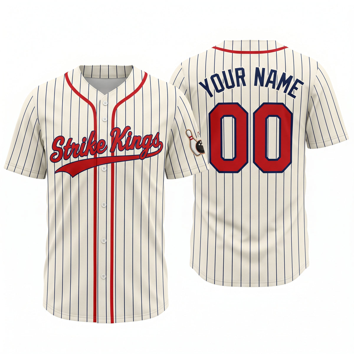 Strike Kings cream pinstripe button-front bowling baseball jersey, front and back with custom name and number
