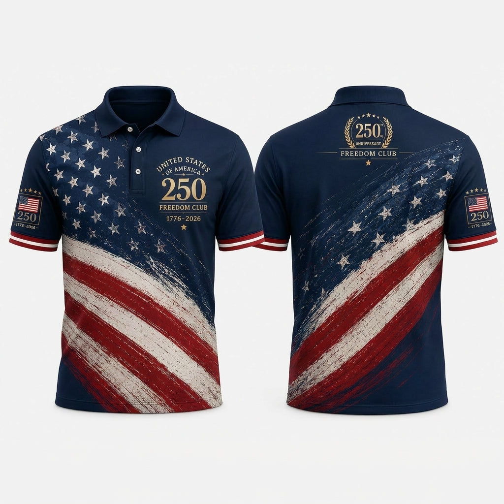 USA 250th Anniversary Freedom Club Golf Polo Shirt For Men, Patriotic American Flag Polo, 4th of July Golf Gift For Dad